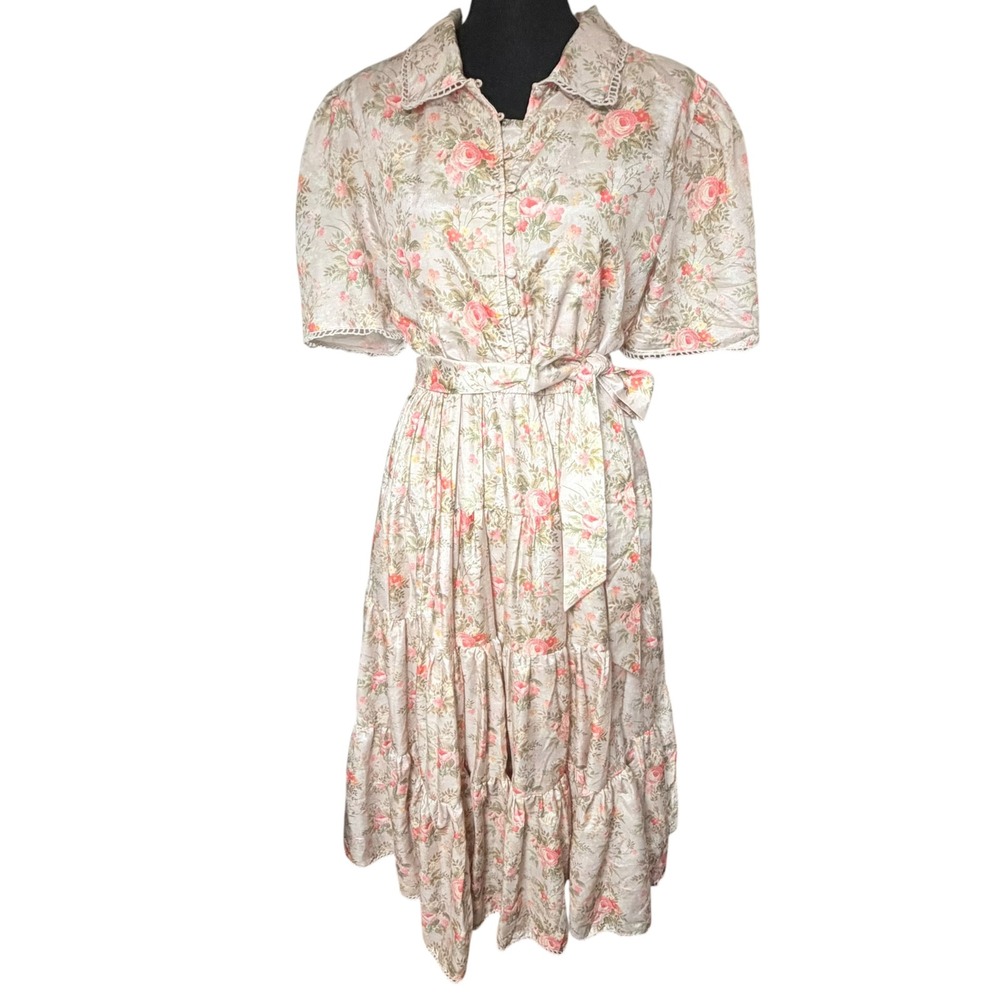 Jessakae Blush Pink Floral Tiered Lace Trim Midi Dress